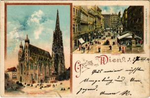 1900 Wien, Vienna, Bécs; Stephans-Dom, Graben / church, street view. Kunstanstalt J. Miesler Art Nouveau, floral, litho (fl)