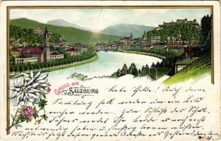 1897 (Vorläufer!) Salzburg, general view. C. Jurischek Kunstverlag Art Nouveau, floral, litho (EK)