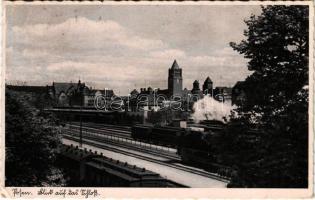 1944 Poznan, Posen; Blick aud das Schloß / railway station, train, locomotive, castle (EB)