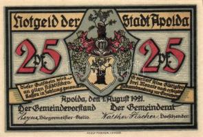 Német Birodalom / Weimari Köztársaság / Apolda 1921. 25Pf(6x) 6klf db, teljes sor T:I