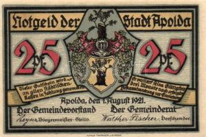 Német Birodalom / Weimari Köztársaság / Apolda 1921. 25Pf(6x) 6klf db, teljes sor T:I