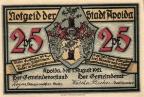 Német Birodalom / Weimari Köztársaság / Apolda 1921. 25Pf(6x) 6klf db, teljes sor T:I