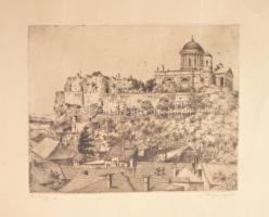 Bajor Ágost (1892-1958): Esztergomi bazilika, teljes nevén Nagyboldogasszony- és Szent Adalbert-főszékesegyház. Rézkarc, papír, jelzett, feltekert állapotban, kis törésekkel. 19x24cm