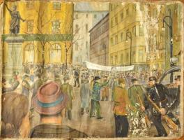 Nolipa István Pál (1907-1986): Tüntetés a Petőfi szobornál, Budapesten. Olaj, vászon. Jelezve balra lent. Feltekerve, sérült. 120x152 cm