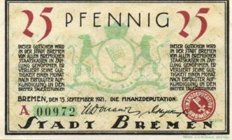 Német Birodalom / Weimari Köztársaság / Bremen 1921. 25Pf + 50Pf + 75Pf 3klf db, teljes sor T:I