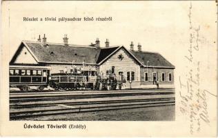 1905 Tövis, Teius; Vasútállomás, pályaudvar felső része, gőzmozdony, vonat. Rézer Adolf p.u. vendéglős kiadása / railway station, locomotive, train + "BRASSÓ-BUDAPEST 46. SZ." vasúti mozgóposta