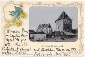 Kolozsvár, Cluj; Református templom, Bethlen bástya. Gibbon Albert kiadása, szecessziós litho / Calvinist church, bastion tower. Art Nouveau, floral, litho, photo (EK)