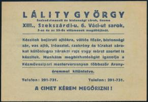 1940 Lálik György biztonsági zárak reklám nyomtatvány