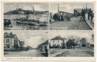 Pozsonyligetfalu, Engerau an der Donau, Petrzalka (Bratislava); Dunaj gőzös, lezárt hídfő német katonákkal, Adolf Hitler utca, templom / steamship, closed bridge with German soldiers, street, church