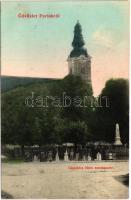 Perlak, Prelog; Gáspárics Márk emlékszobor, templom. Sümegh Gusztáv kiadása / statue, church (r)