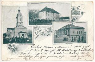 1900 Billéd, Biled; templom, Érsekségi palota, gyógyszertár / Kirche, Erzbischöfliches Castell, Apotheke / church, Archbishops castle, pharmacy. Art Nouveau, floral (fa)