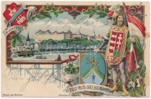 1903 Budapest székesfőváros. Pest-Pilis-Solt-Kis-Kun megye címere és magyar zászló. Athenaeum Rt. kőnyomdája, Art Nouveau, floral, litho s: Zich (r)