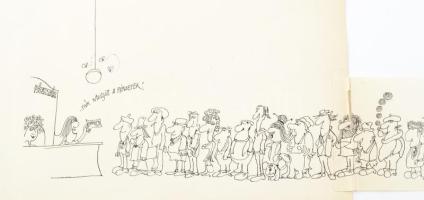 Sajdik Ferenc (1930-): Fiúk, megjött a pénzetek (karikatúra), 1973. Tus, papír, jelezve jobbra lent,...