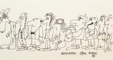 Sajdik Ferenc (1930-): Fiúk, megjött a pénzetek (karikatúra), 1973. Tus, papír, jelezve jobbra lent,...