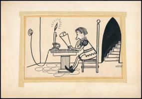 Kassowitz Félix (1907-1983): Modern idők (cím nélkül, karikatúra). Tus, papír, jelezve jobbra lent, papírra ragasztva. 14x21 cm.