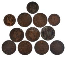 Olaszország 1861-1894. 5c-10c bronz (12db, 11xklf) T:3 Italy 1861-1894. 5 Centesimi - 10 Centesimi bronze (12pcs, 11xdiff) C:F