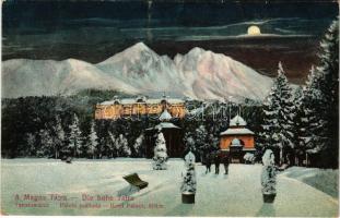 1917 Tátralomnic, Tatranská Lomnica (Magas-Tátra, Vysoké Tatry); Palota szálloda télen este / Hotel Palace at night in winter + "PODOLIN-KASSA-BUDAPEST 288." vasúti mozgóposta (EK)