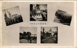 1938 Ipolyság, Sahy; bevonulás, "Isten hozott" díszkapu / entry of the Hungarian troops, decorated gate + "1938 Az első visszatért magyar város Ipolyság" So. Stpl.