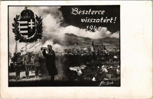 1940 Beszterce, Bistritz, Bistrita; Visszatért! Bevonulási montázs magyar címerrel és katonákkal / entry of the Hungarian troops. Montage with coat of arms and soldiers. Foto Sport