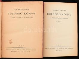 Tormay Cecile: Bujdosó könyv. I-II. köt. I. köt.: Feljegyzések 1918-1919-ből. II. köt: A proletárdictatura. Bp., 1920-1922., Rózsavölgyi-Pallas, 417 p.; 295+1 p. Első kiadás. Későbbi átkötött félvászon kötésben, az I. kötet címlapján kis folt, a gerincek javítottak, de egyébként jó állapotban.