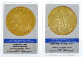 DN Amerikai Egyesült Államok 1929. 5 Dolláros érméjének nagyméretű "COPY" jelzéssel ellátott modern aranyozott Cu utánverete (40mm) + 1933. 20 Dolláros érméjének nagyméretű "COPY" jelzéssel ellátott modern aranyozott Cu utánverete (40mm) T:PP patina