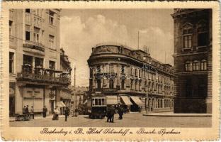 1913 Liberec, Reichenberg; Hotel Schienhoff, Bezirks Sparkasse / savings bank, tram, Josef Mestitz shoe shop, cafe