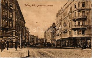 1909 Wien, Vienna, Bécs IX. Alserbachstrasse, Thee Branntweinschank, Haltestelle Strassenbahn, Schneider Meister, Dr. F. Müller, Cafe Gorge / street, shops