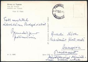 cca 1960 Id. Benedek Jenő (1906-1987) festőművész saját kezűleg megírt, aláírt képeslapja, Aradi Nóra (1924-2001) művészettörténész, műfordító, a Művelődésügyi Minisztérium főosztályvezetője részére Bulgáriából hazaküldve
