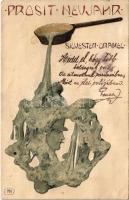 1901 Szecessziós dombornyomott újévi üdvözőlap / Prosit Neujahr - Silvester Orakel. B.K.W.I. 3002-4. Art Nouveau embossed litho s: M. Raschka (Raphael Kirchner) (Rb)