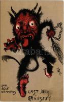 1904 Der Böse Krampus / A mérges Krampusz / The angry Krampus. Erika Nr. 1634. litho s: A. Heyer (EB)