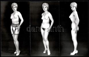 cca 1972 Női dimenziók, szolidan erotikus felvételek, 3 db vintage fotó, ezüst zselatinos fotópapíron, 15x8 cm