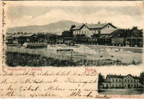1899 (Vorläufer) Nyitra, Nitra; Pályaudvar, vasútállomás, vonat, Indóház / Bahnhof, Stationsgebäude / railway station, train (r)