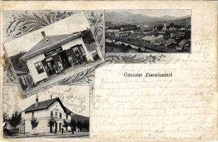 1909 Zsarnóca, Zarnovica; látkép, vasútállomás, Weichherz Izidor üzlete / general view, railway station, shop of Weichherz. Art Nouveau (r)