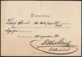1893 Bp., Bak Izrael (1840-1894) rabbi, nyelvész aláírása vallástan vizsgabizonyítványon / Autograph signature of Izrael Bak rabbi