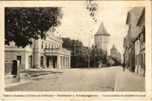 1928 Nagyszeben, Hermannstadt, Sibiu; Teatrul orasenesc si Turnuri de fortificatie / Stadttheater u. Befestigungstürme / Városi színház és erődítési tornyok / theatre, towers