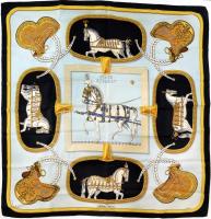 Eredeti Vintage Hermes selyem kendő gyönyörű színekben, ló motívumokkal, jelzett. 1960 körül, Párizs. Tervező: Jacques Eudel. Méret: 86x88cm.