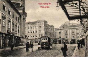 1907 Temesvár, Timisoara; Szent György tér, Takarékpénztár, villamos, Varneky A., Klein, Farber Miksa és Maison Lechner üzlete / street view, savings bank, tram, shops (r)