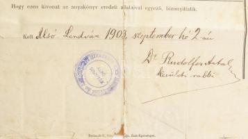 1903 Rudolfer Antal (1864-?) alsólendvai rabbi aláírása egy anyakönyvi kivonaton, sérült, javított. ...