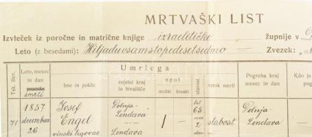 1939 Alsólendva, Milhoffer Ladislav (1902-1944) rabbi aláírása halotti anyakönyvi kivonaton. / 
193...