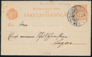 1901 Díjjegyes zárt levelezőlap PERJÁMOS-VALKÁNY vasúti mozgóposta bélyegzéssel / PS-cover card with railway postmark