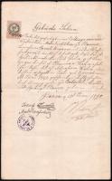 1890 Bossácz (Bosác/Bosaca), Donath József rabbi aláírása egy születési anyakönyvi kivonaton, 50 kr okmánybélyeggel, pecsétekkel, szakadt./ 1890 Bosaca/Bosác, Autograph signature of Josef Donath rabbi, damaged.