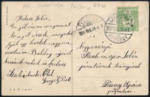 1907 Képeslap SZAKOLCZA-POZSONY vasúti mozgóposta bélyegzéssel / Postcard with railway postmark