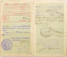 1916-1917 Magyar Királyság fényképes útlevele, lelkész részére, osztrák-magyar és svájci bejegyzésekkel, benne két plusz lappal.