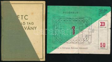 1974 FTC pártoló tag tagsági igazolvány, bélyegekkel, hozzá egy korabeli belépőjegy