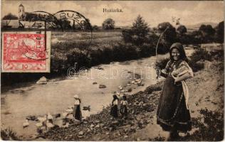 Nagyszalatna, Zvolenská (Velka) Slatina; Husiarka / libapásztor leányok, népviselet / Slovenské kroje / folklore, goose shepherd girls. TCV card (EK)