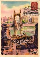 Budapest, Erzsébet híd romjai a budai hídfőnél 1945 tavaszán. Piatnik Nándor és fiai s: Blaski János + "100 éves a Magyar Vasút 1846-1946 Budapest" So. Stpl. (EK)