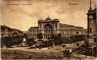 1912 Budapest VII. Keleti pályaudvar, vasútállomás, Baross szobor, villamos, Takács Ferenc üzlete (Rb)