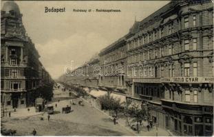 1909 Budapest VI. Andrássy út, Pesti Hazai Első Takarékpénztár Egyesület, Victoria zászlógyár, Nagy és Bodánszky, Weiner Mátyás, Hamburger Jozefa üzlete, omnibusz. Photobrom 28. (EK)