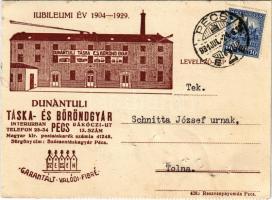 1931 Pécs, Jubileumi év 1904-1929 Dunántúli Táska- és Bőröndgyár reklámlapja. Rákóczi út 13. (lyukak / pinholes)
