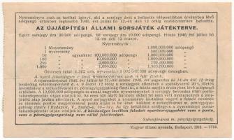 1946. "Újjáépítési Állami Sorsjáték" 1.000.000.000AP értékű fél-sorsjegye T:III kis beszak...